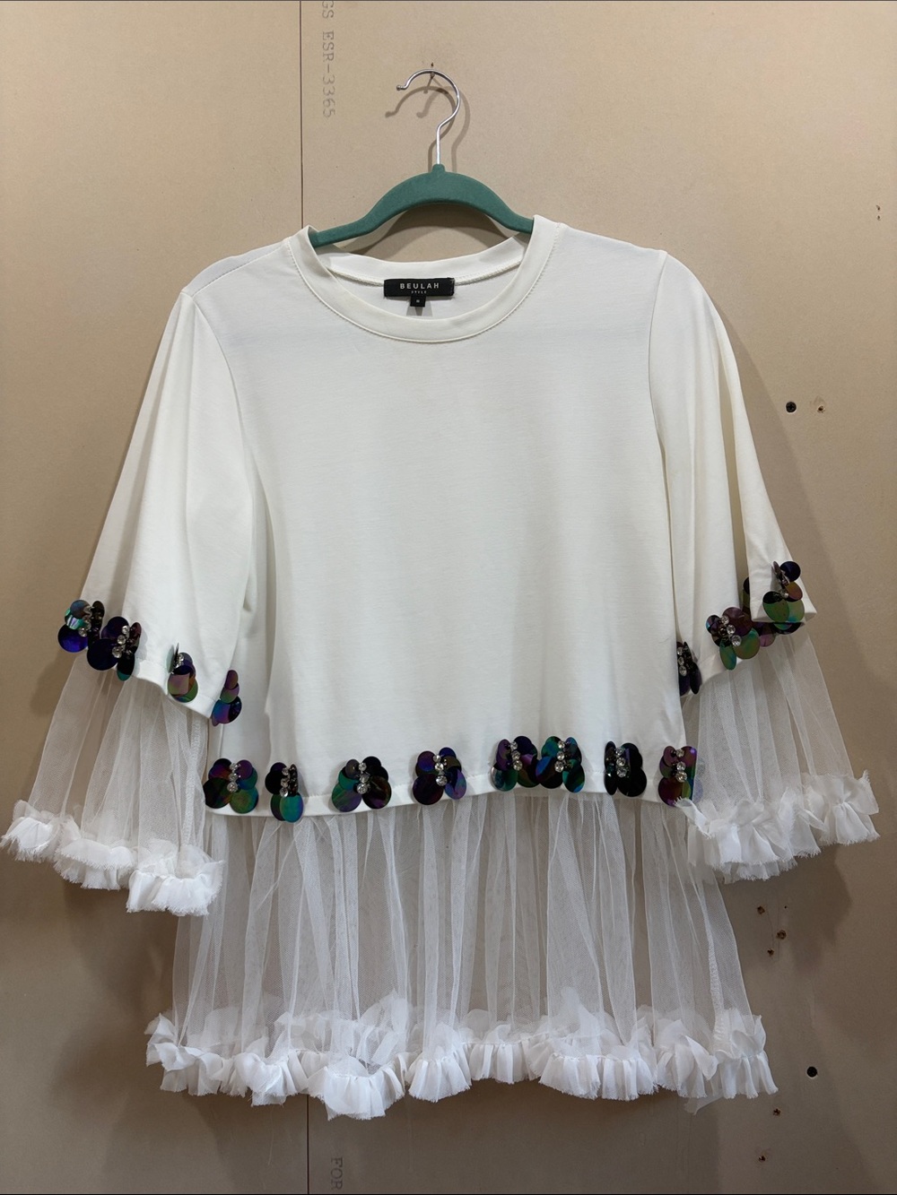 Beulah White Tee With Tulle Ruffles And Iridescent Embellishments Size S
